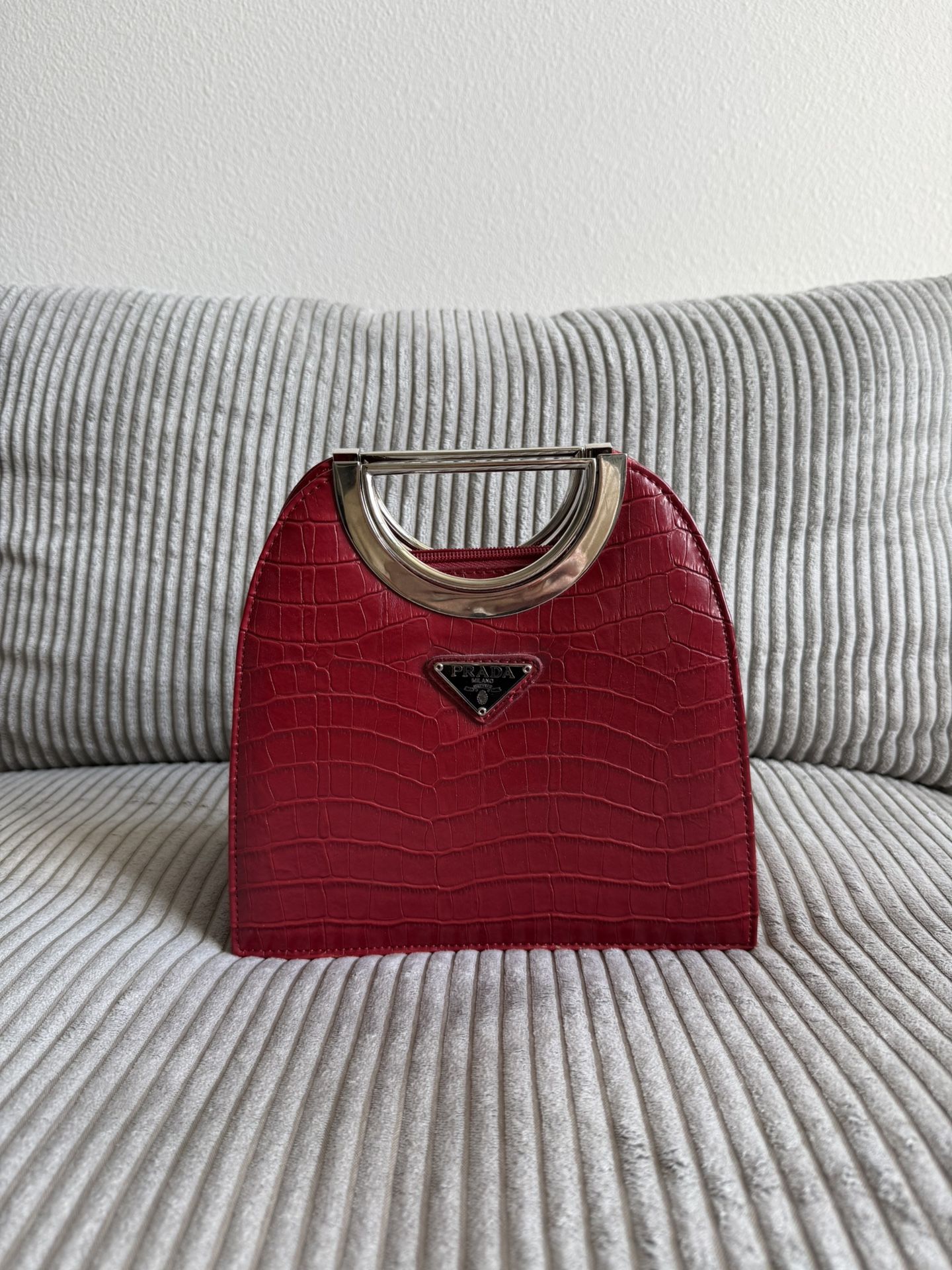Red Faux Leather Purse With Metal Handles