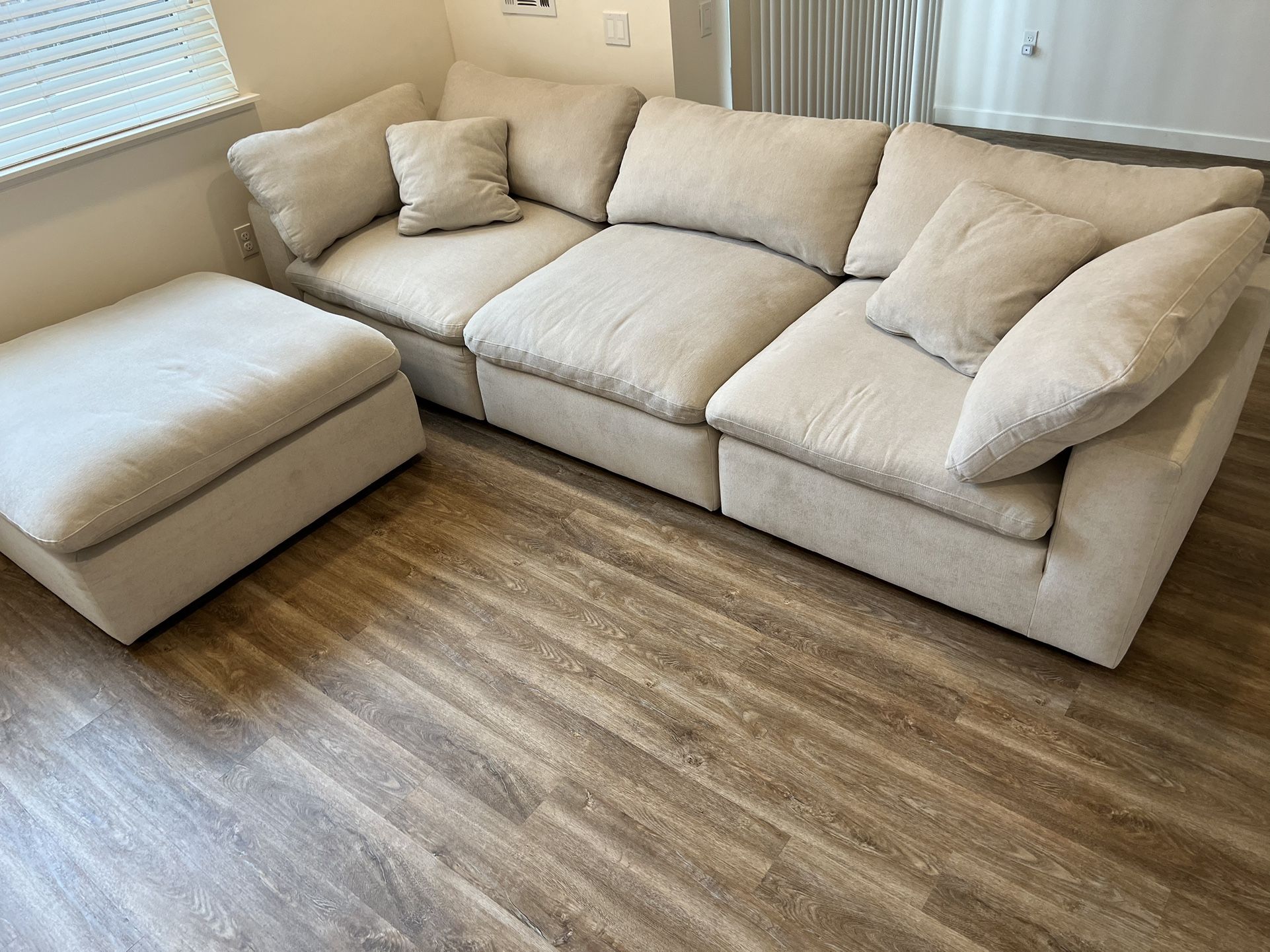 Zone Cream White Fabric 4 Piece Modular L-Shaped Sectional with 2 Corners 1 Armless Chair & Ottoman