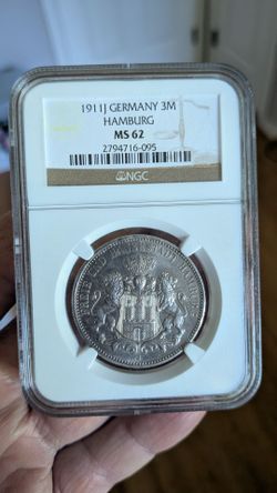 1911 Germany empire City of Hamburg 3 mark silver coin NGC  MS62