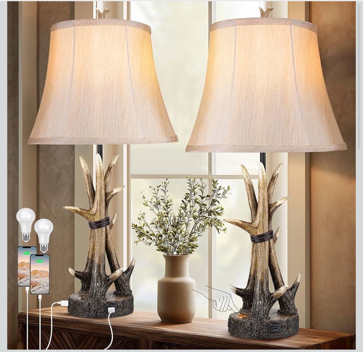 Table Lamps for Living Room Set of 2, Farmhouse Antler Western Bedside Lamp for Bedroom with 2 USB Charging Port, 3-Way Dimmable Resin Nightsta