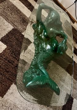 Heavy Vintage Large Dark Green Mermaid Coffee Table with a glass Top. With Dolphin The mermaid
