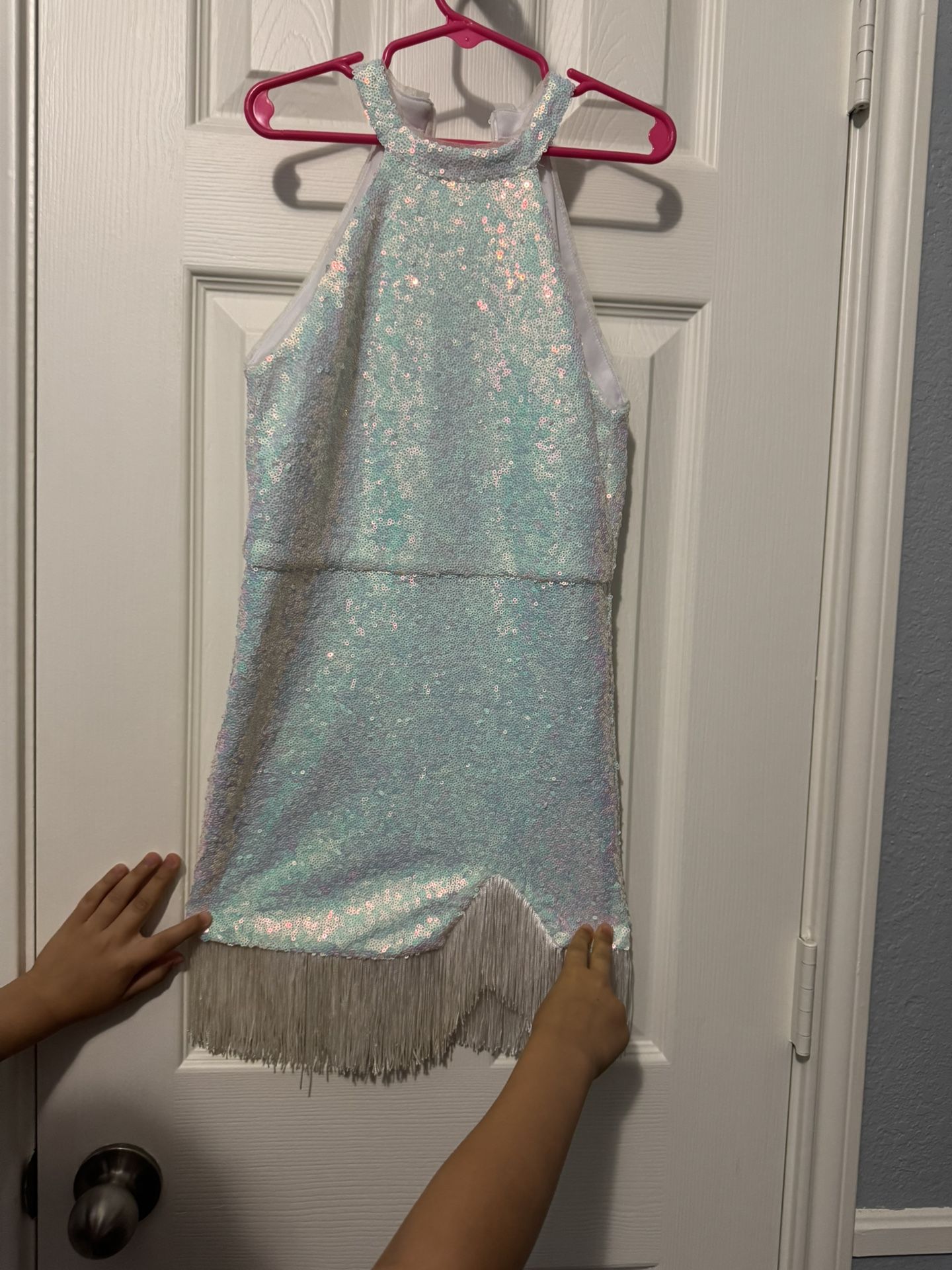 Marc Defang White Iridescent Cocktail Dress with Fringe