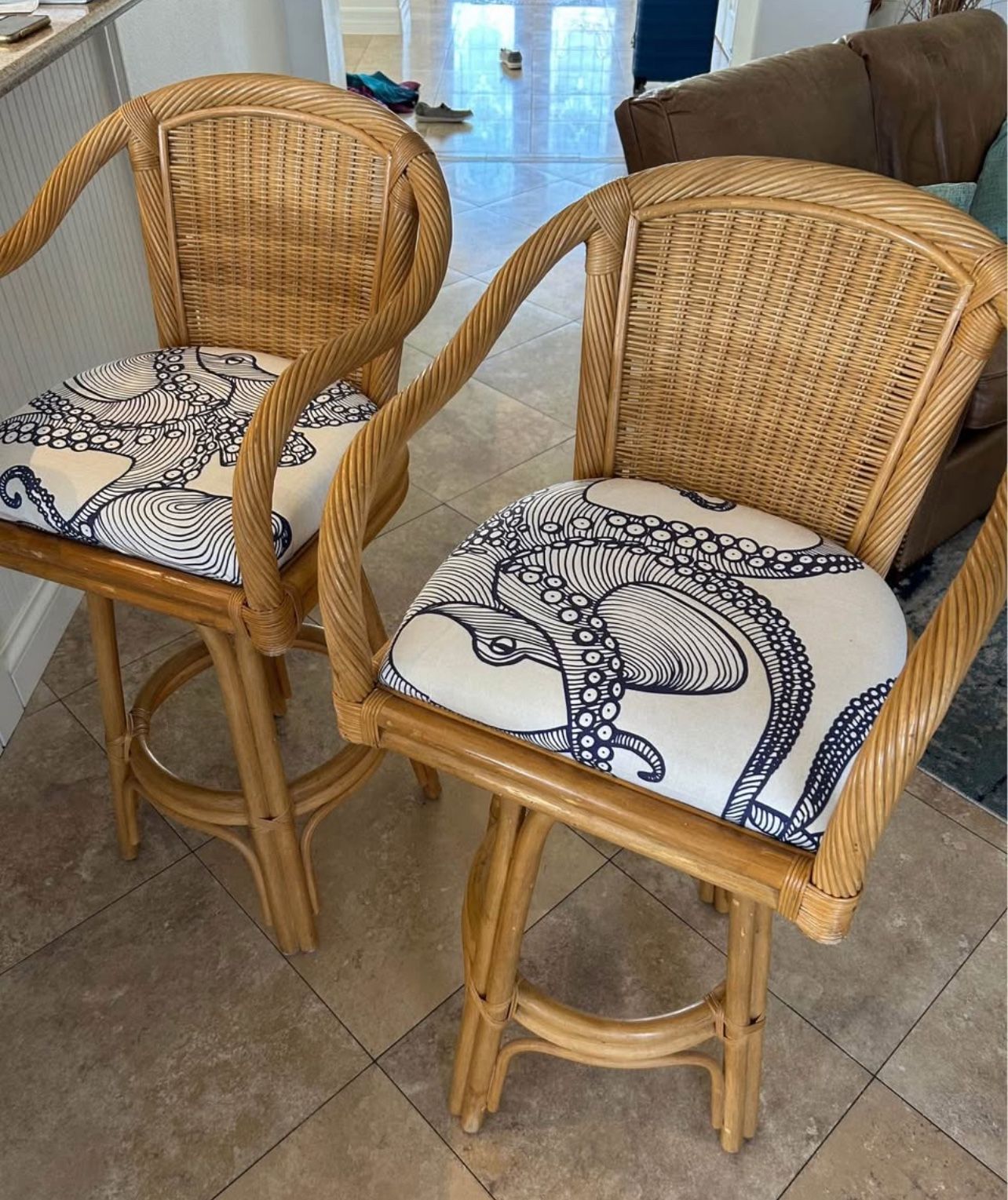 Rattan wicker bar height tall chairs Bar Stools coastal decor. Octopus design cushion