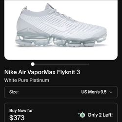 Nike Air VaporMax Flyknit 3
White Pure Platinum
Used
Size 9.5