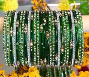 Green Glass Bangles Set with Rhinestones