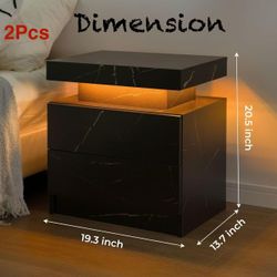🥨2Pcs Bedside Table NightStand with LED Lights Modern End Side Table with 2 Drawers for Bedroom, Black&Gold