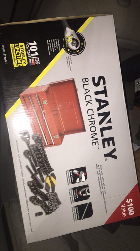 Brand New opened box Stanley Black Chrome 101 pc tool set with red 2 drawer tool box