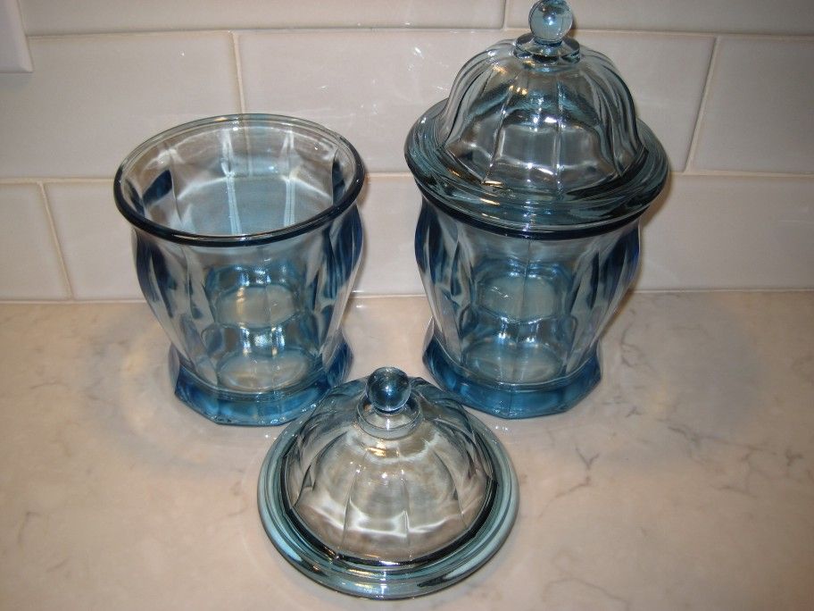 Vintage Indiana Glass Azure blue heavy paneled candy apothecary jars with lids