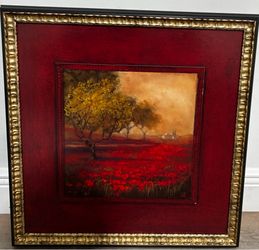 Set of 2 Matching Tuscany Poppy Landscape Framed Prints Ornate Gold Frames Burgundy Mat Wall Art
