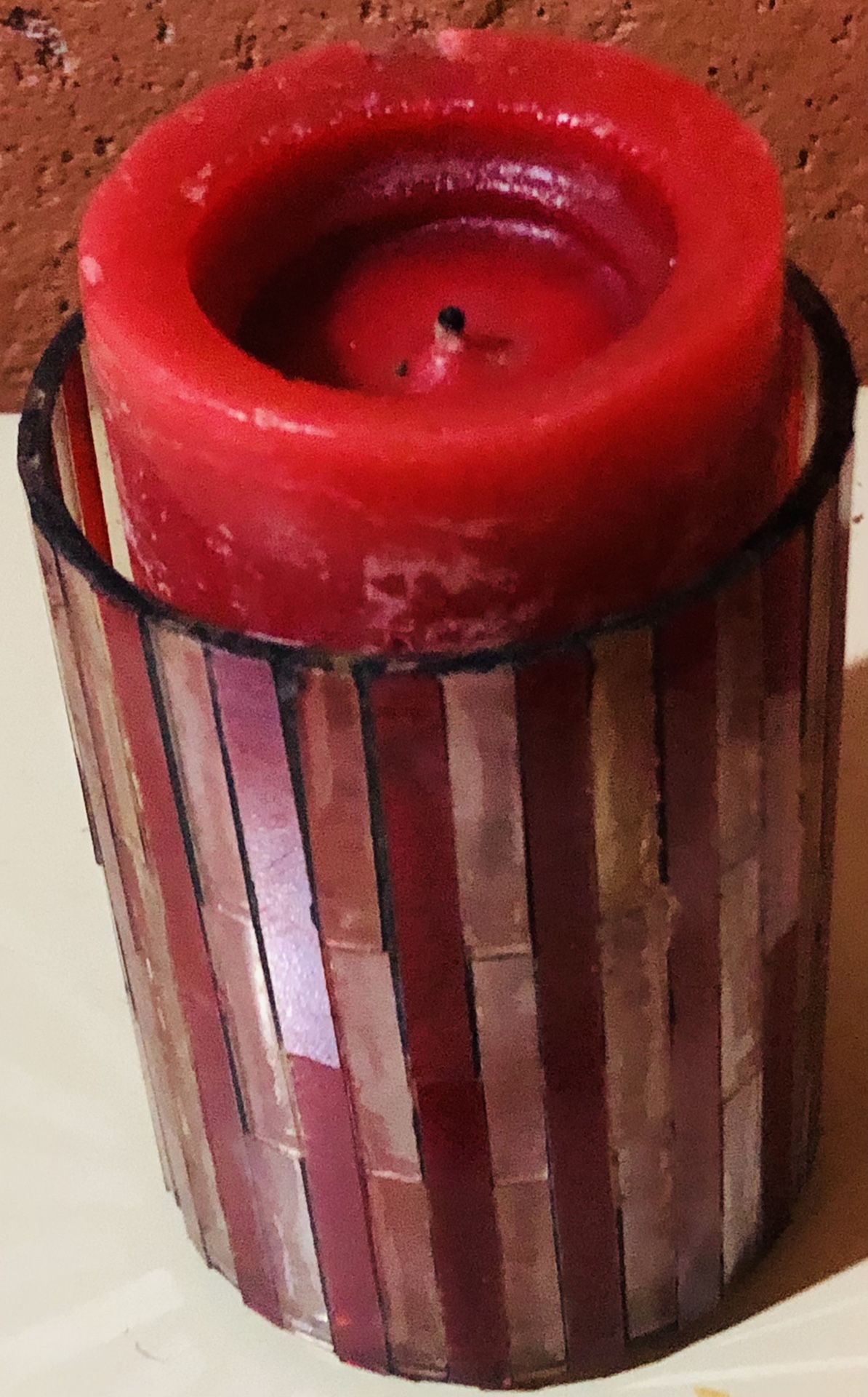 Cranberry Candle in Gorgeous Beveled Glass Candle Holder