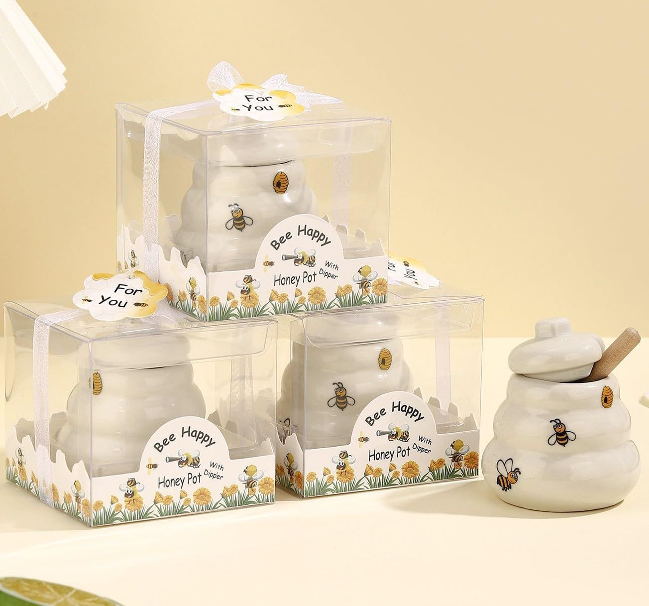 12 Sets Ceramic Bee-Happy Honey Pot with Dipper, Honey Jar Serving Set for Party