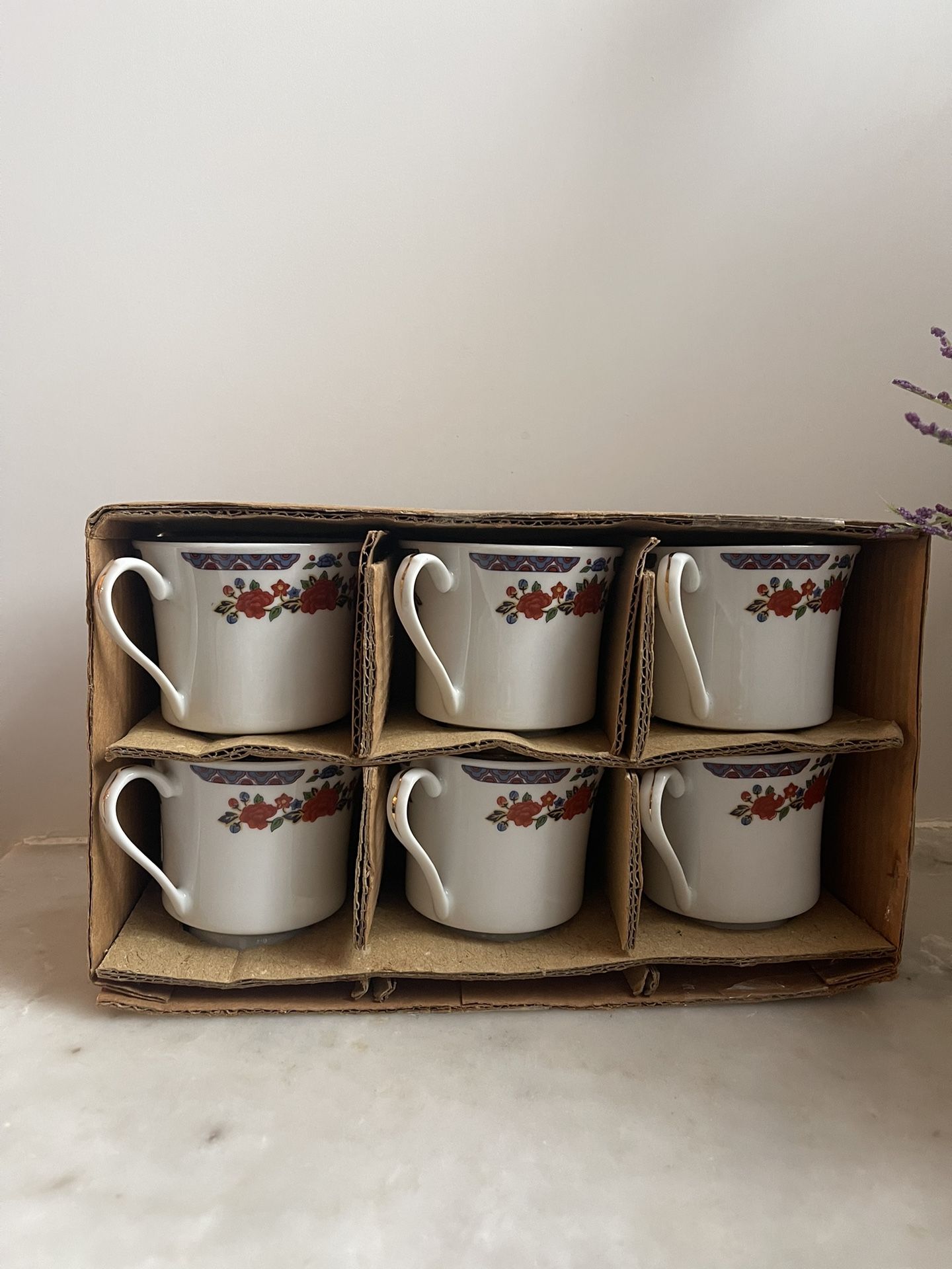 Vintage Set Of 6 Crown Ming China Old Imari Orange & Blue Flowers Gold Trim Coffee Cup Tea Cup