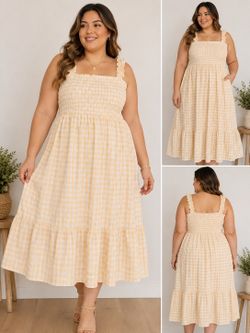 Women’s Yellow Gingham Smocked Midi Dress Plus Size XXL – Ruffle Strap Summer Dress