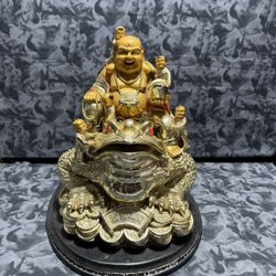 16 Inch Gold Buddha, 14 Pound Statue With  Babies sitting  On Top Of A Frog 16x16x12 