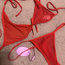 New Xl Red Sheer Mesh Stretchy Lingerie Set Bikini Bra Panty 