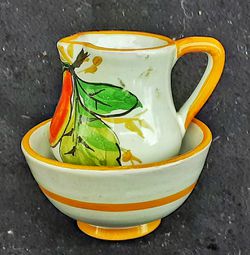 Mid century modern made in Italy miniature pitcher and bowl set w fruit design