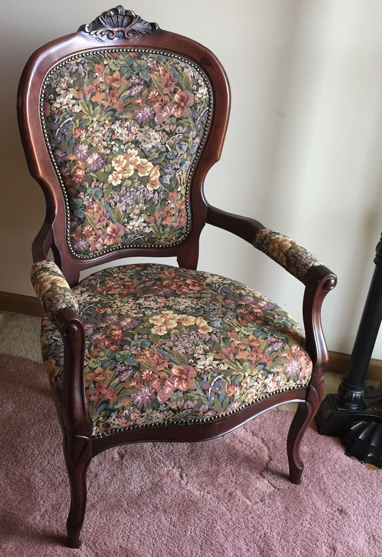 Queen Anne Tapestry Wood Carved Arm Chair