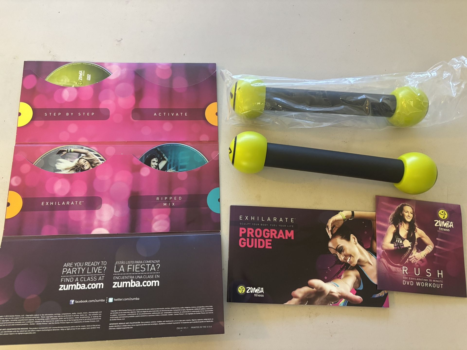 New Zumba Fitness Exhilarate Body Shaping System 4 DVD Set  + Toning Sticks + Guide