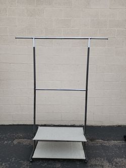 Adjustable Rolling Garment Rack with Storage Shelves – Double Shelf Clothing Organizer