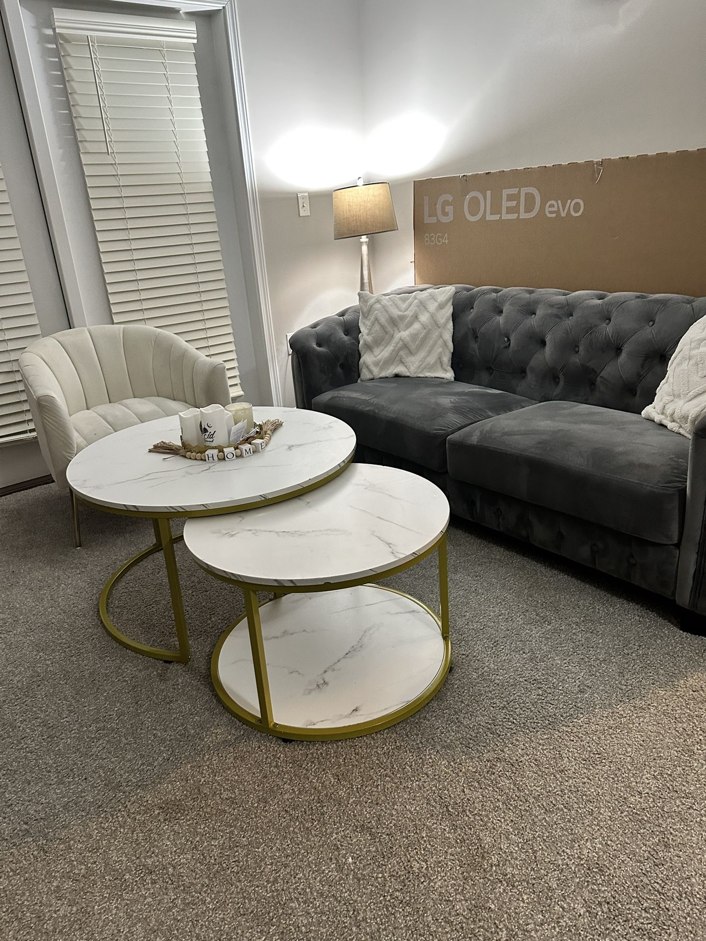 Gray Velvet Sofa, Love Seat And Chair, Coffee Table, End Table