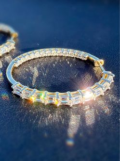 14k Yellow Gold 3.6 CTW Lab Grown Emerald & Round Cut Diamond Hoop Earrings