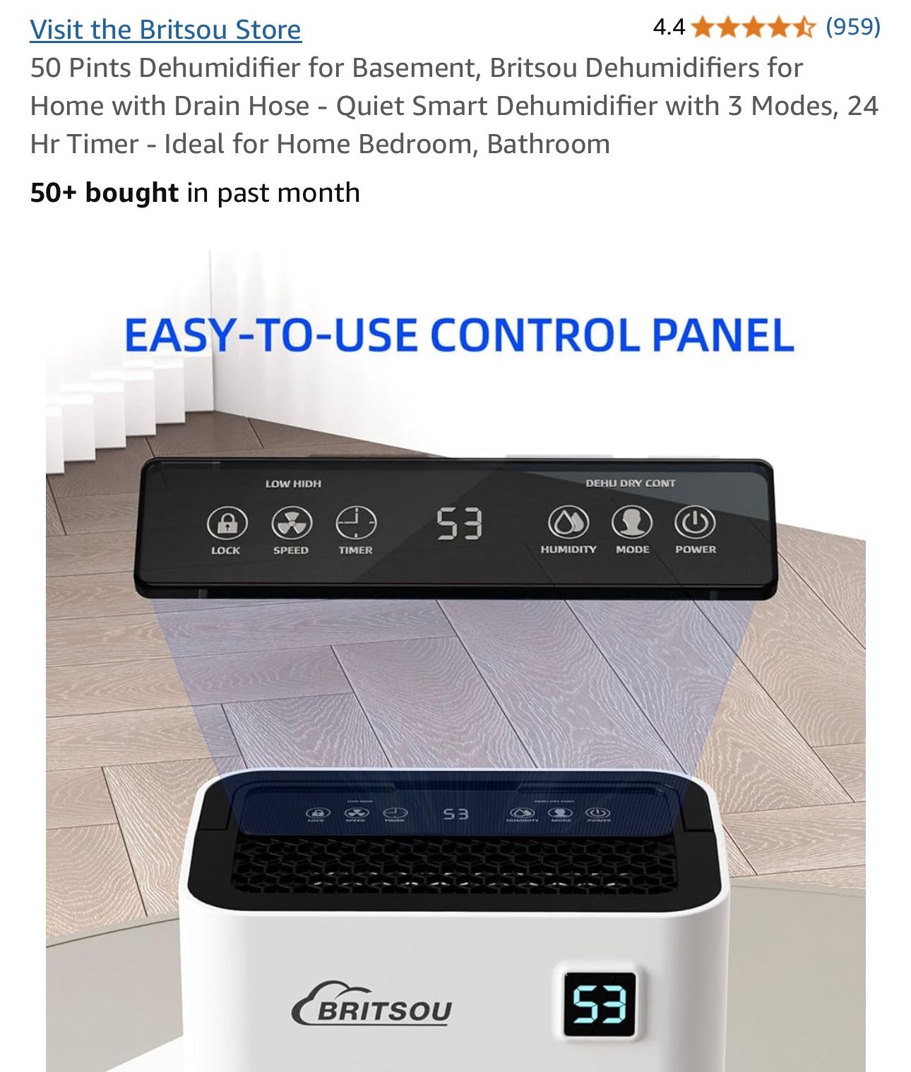50 Pints Dehumidifier for Basement, Britsou Dehumidifiers for Home with Drain Hose - Quiet Smart Dehumidifier with 3 Modes, 24 Hr Timer - Ideal for Ho