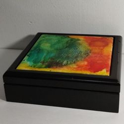 COLORFUL TILE TOP- WOOD JEWELRY BOX 7"×7"×2"