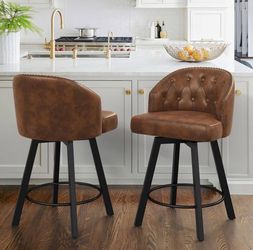 Brown Faux Leather Upholstered Swivel Bar Stool with Metal Frame Nailhead Counter Barstool (Set of 2)