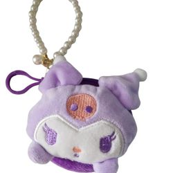 Sanrio Kuromi  Fluffy Coin Purse Purple Zip Keychain Faux Pearl New