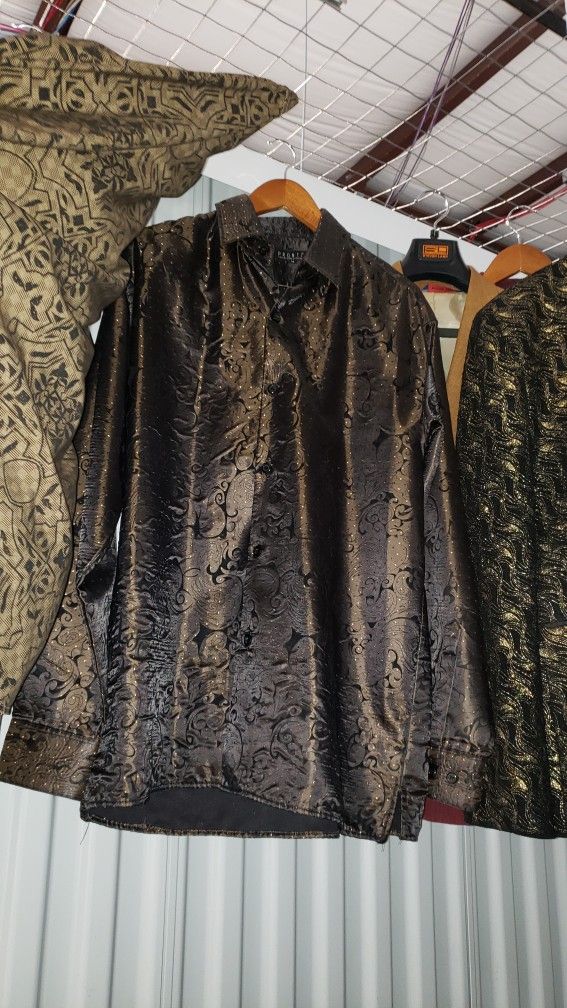 Heavy Black & Bronze Brocade Dress Shirt – 2XL – Luxury Textured Fabric