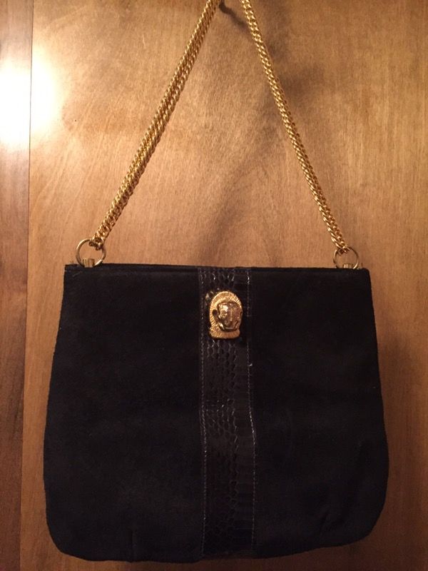 Vintage Ruth Saltz Black Suede with Snakeskin Strip Cougar Handbag Shoulder Bag