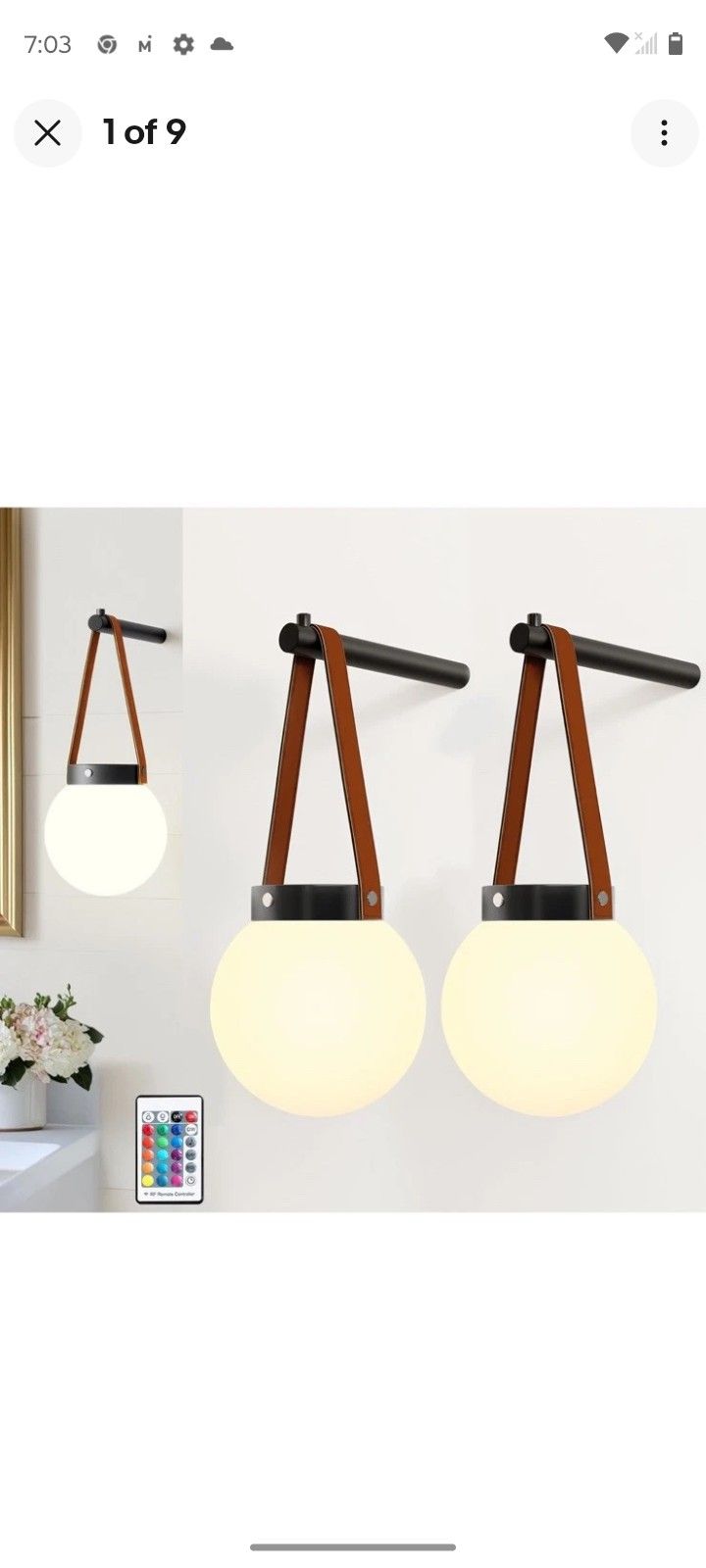 Battery Operated Wall Sconces Set of 2, Wireless Globe Wall Lights Remote NEW