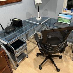 Glass L Desk With Cart