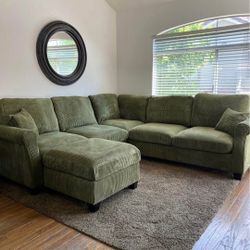 
✅️"4 pc sage green corduroy fabric sectional sofa with rounded arms and ottoman"✅️✅️