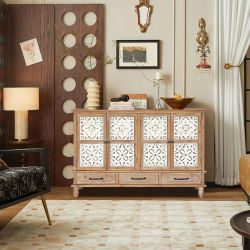 59” Sideboard Cabinet – Natural Wood MDF & Fir, 4-Door 3-Drawer Storage