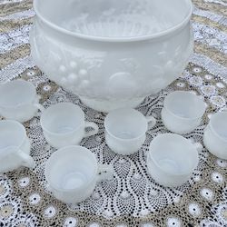 Vintage Milk Glass Punch Bowl And Cups 