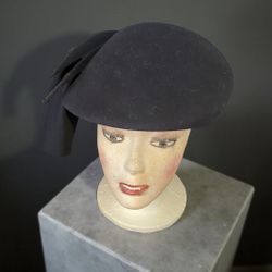 Vintage Navy Blue Wool Felt  Cloche Hat By Adolfo