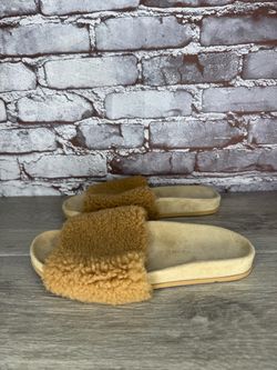 Jenni Kayne Camel Brown Shearling Slides Sandals Natural Women Sz 38EU/7-7.5M US
