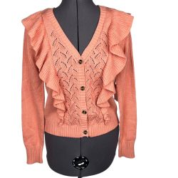 LC Lauren Conrad Women's Ruffle Pointelle Cardigan Sweater Pink Size S