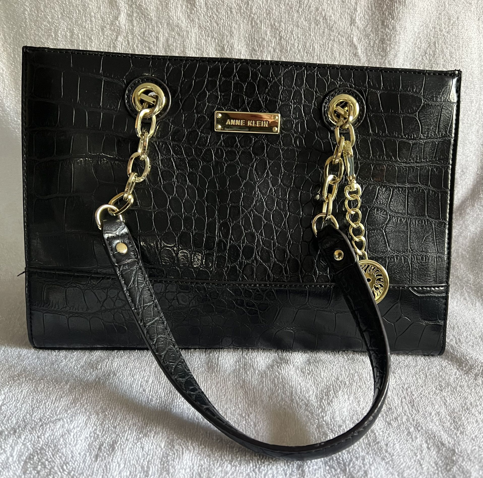 NWOT Anne Klein Black W/Gold Hardware Faux Crocodile Purse Bag