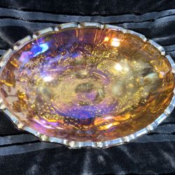 Carnival Glass  - Iridescent Amber Footed Bowl
