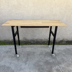 NEW 60” Solid Wood Work Bench, Work Table w/Power Outlet & Wheels, Adjustable Height, Workstation
