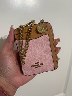 Coach Zip Card Case In Signature Canvas With Flower Charm Powder Pink CEC50