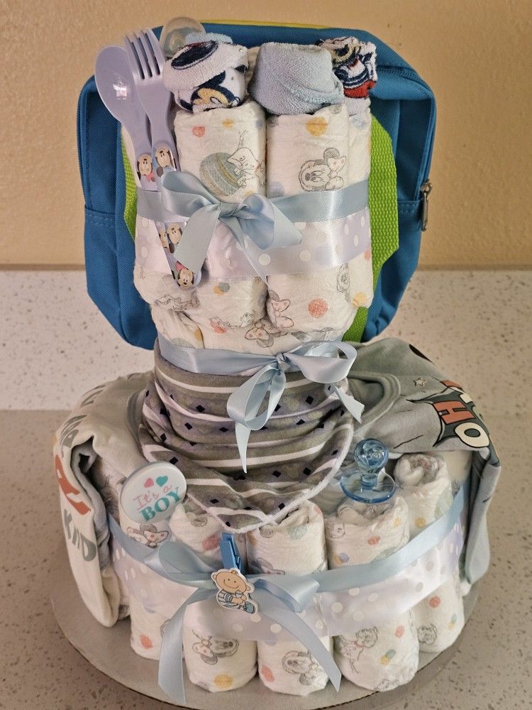 3 Tier Mickey Diaper Cake 6-9 mo boy blue Set Includes 10 pieces +50 diapers