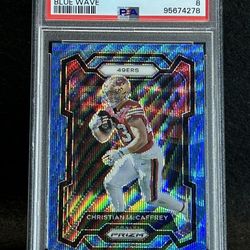 2023 Prizm 💥 Christian Mccaffrey 💥 Blue Wave 128/199 PSA 8 NM-MT 💎 - San Francisco 49ers