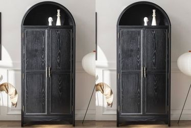 Set of 2 Arched Storage Cabinet-Natural Wood Veneers&Water Based Paint Finished-Vintage 71 Inch Tall 5-Tier Bookcase with 2 Doors,Accent Cabinet for L