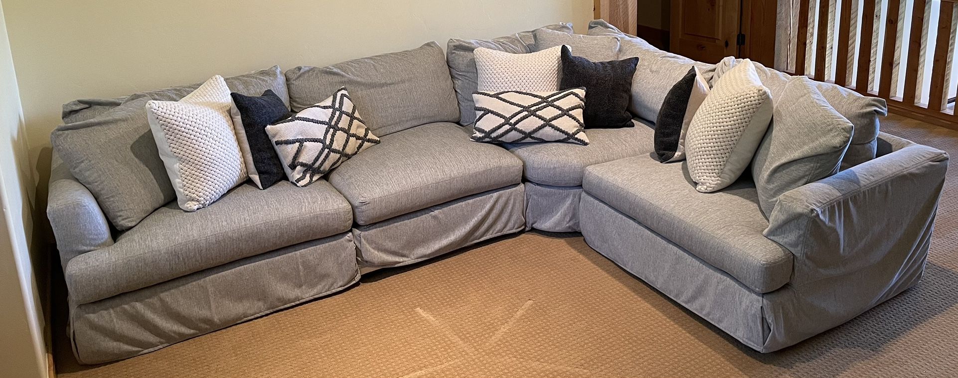 4 Piece Chenille Fog (Gray) Deep Seat Slipcovered Wedge Sectional with Down Blend Wrapped Cushions and Throw Pillows