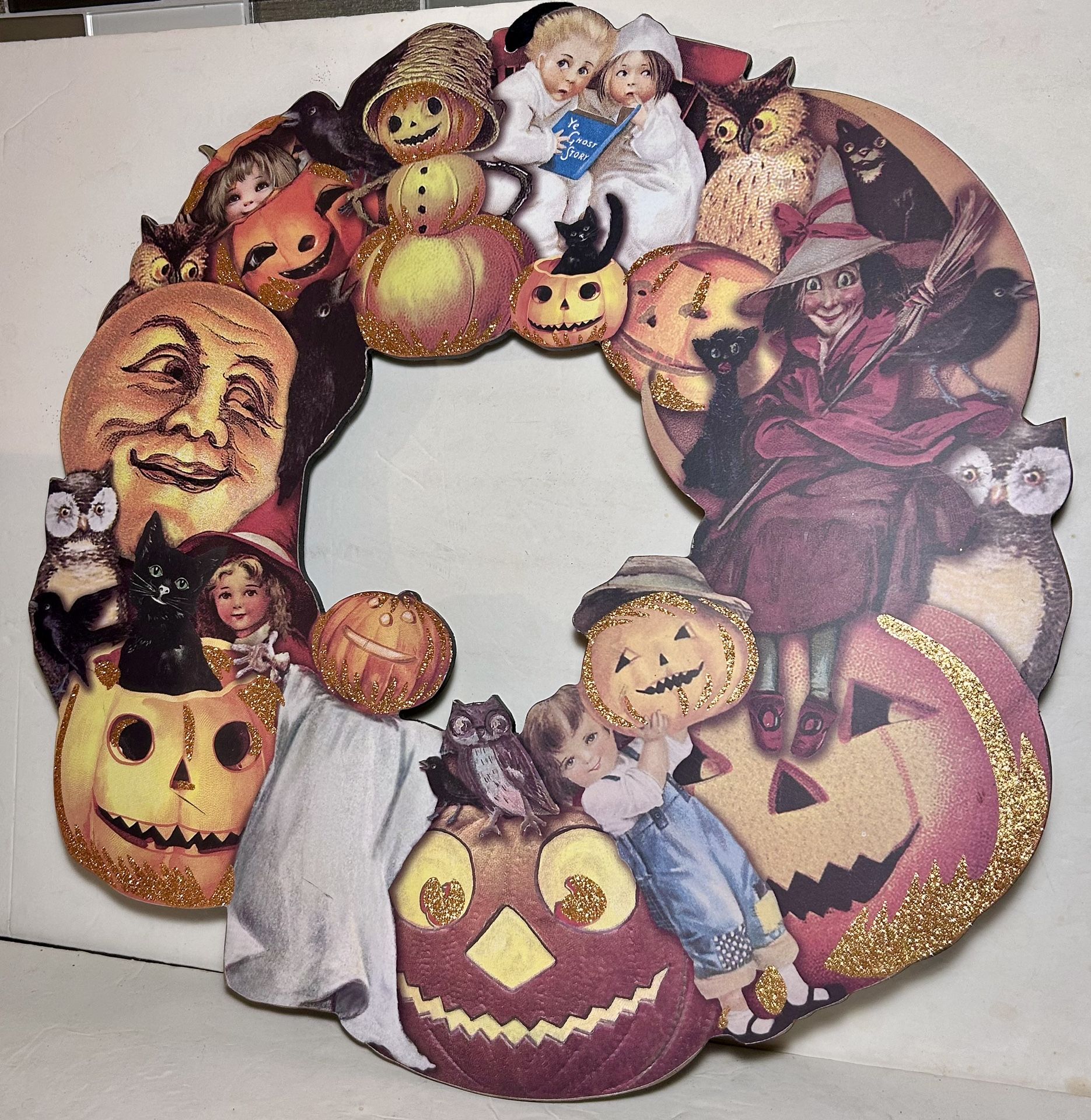 Halloween Ghosts Goblins Spooks Galore Stitched Linen In Glass Artwork Primitives By Kathy NOS 