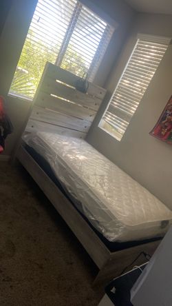 Twin size bed with the light on it, and it comes with the matter