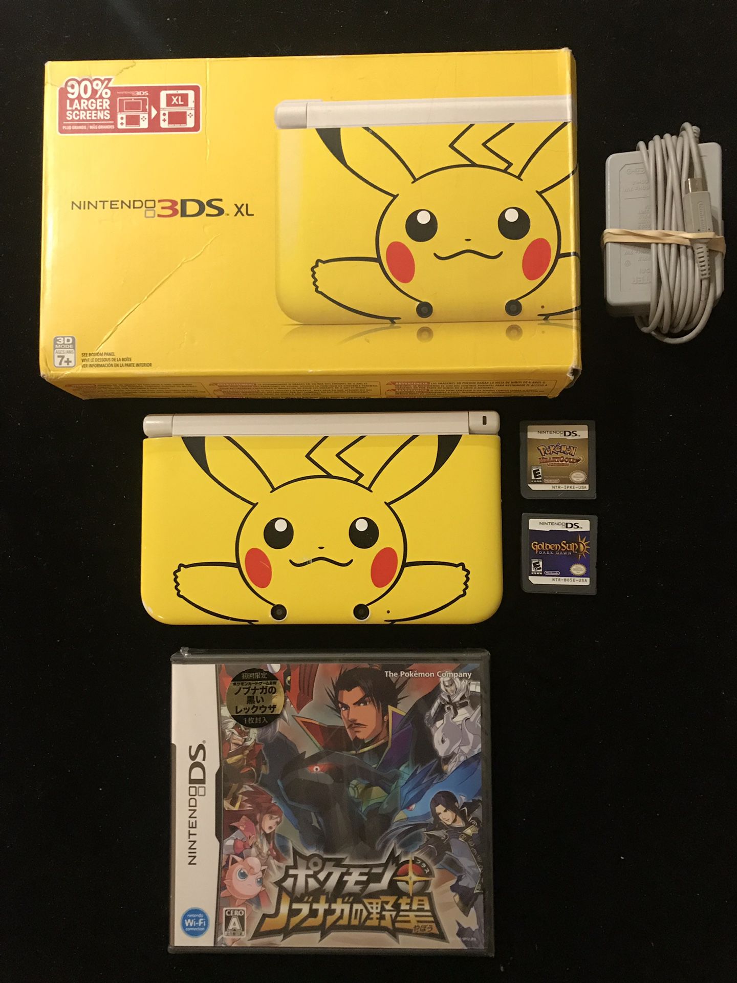 Nintendo 3DS XL Yellow Pikachu Edition+Box+Golden Sun DS Pokémon Heart Gold